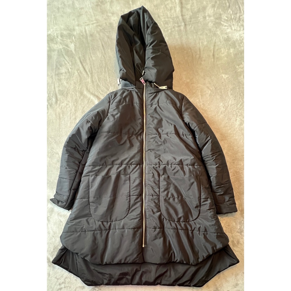 Aakasha Puffer Coat Women XS Black Hooded Zip Back Asymmetric Quilted Jacket